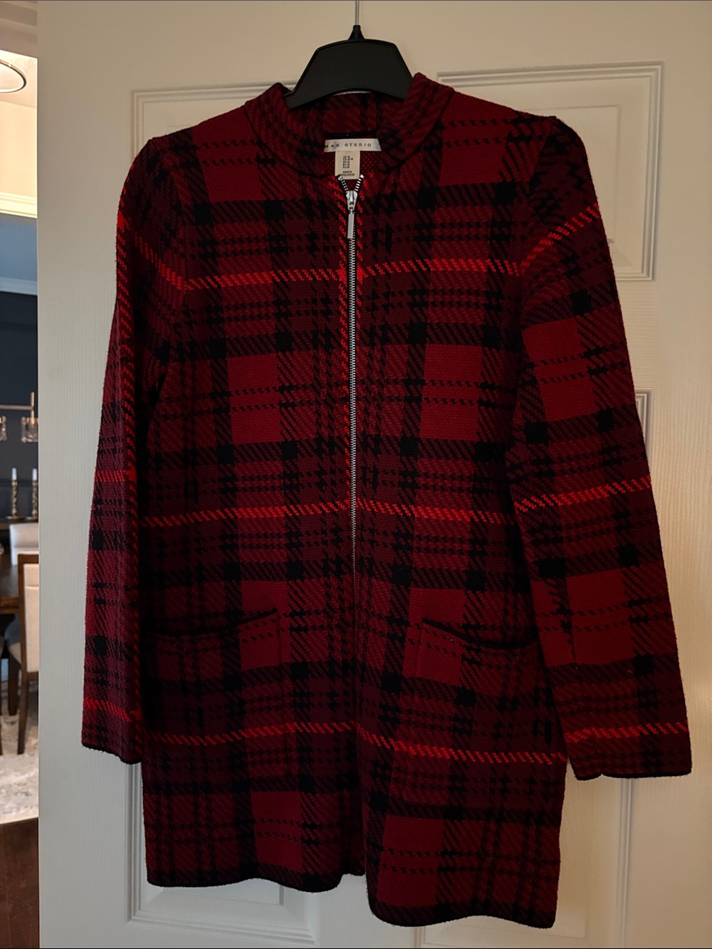 Max Studio Red and Black Plaid Zip-Front Tunic Sweater
